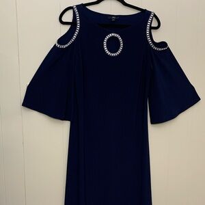 J.B.S. Navy Blue ColdShoulder Dress with BeautifulCrystal Silver Embellishments